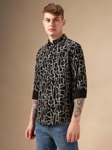Dennis Lingo Men Black 100% Cotton Full Sleeve Spread Collar Printed Shirts