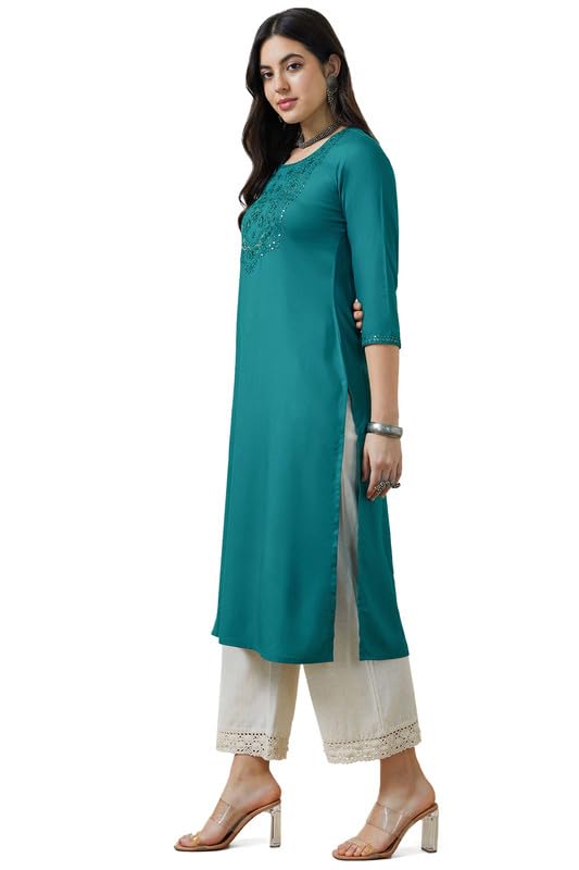 Soch Womens Teal Rayon Embroidered Straight Kurta