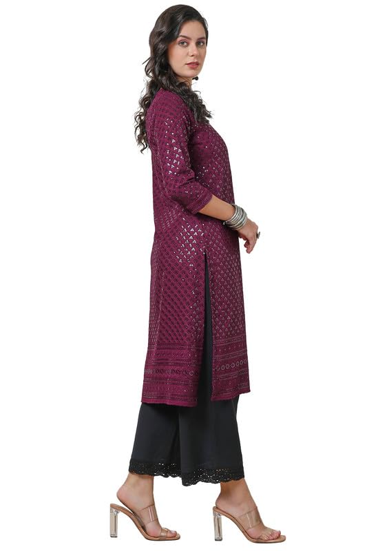 Soch Womens Wine Rayon Embroidered Straight Kurta With Sequins
