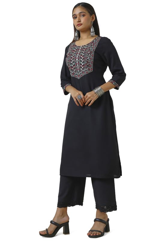Soch Womens Black Rayon Embroidered Kurta with Faux Mirror