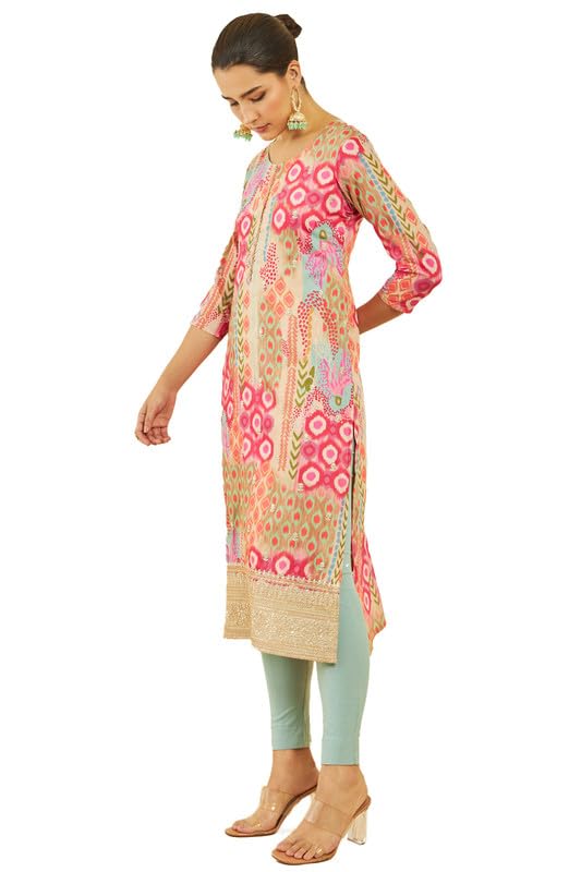 Soch Womens Multicolour Muslin Printed Straight Kurta with Floral Embroidery