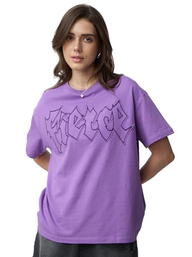 The Souled Store House of Dragon: Fierce Women and Girls Short Sleeves Round Neck Purple Embellished Cotton Oversized T-Shirts