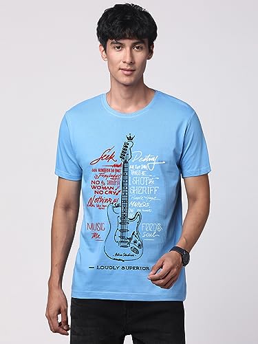 ADRO Guitar Design Printed T-Shirt for Men - 100% Cotton, Regular Fit, Soft Breathable Fabric. (RN23-M-GTR-SK_SkyBlue)