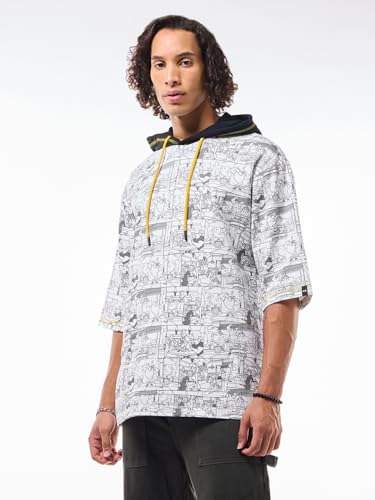 Bewakoof Heavy Duty 1.0 Official Cartoon Network Merchandise Mens Printed Oversized Fit Half Sleeve Hooded Neck Cotton T-Shirt_