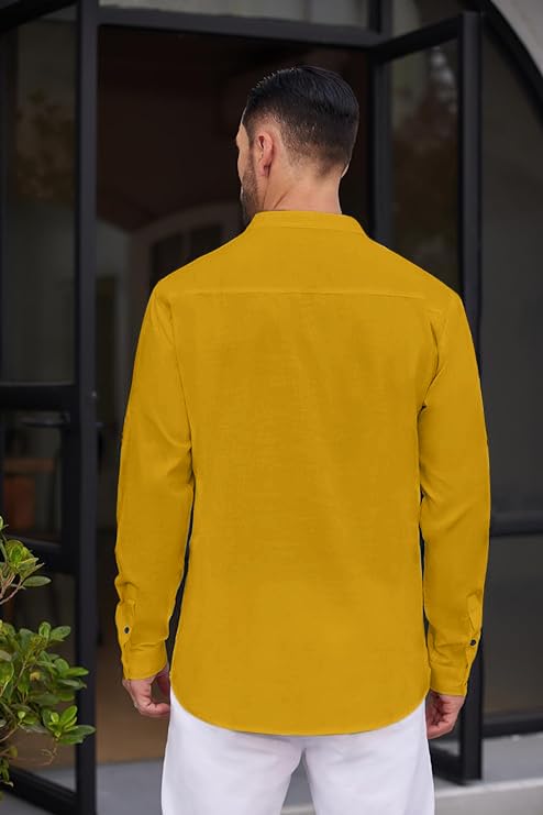 Royalscout MenS Solid Cotton Blend Straight Kurta Shirt | Regular Fit Full Sleeve Short Kurta Gold