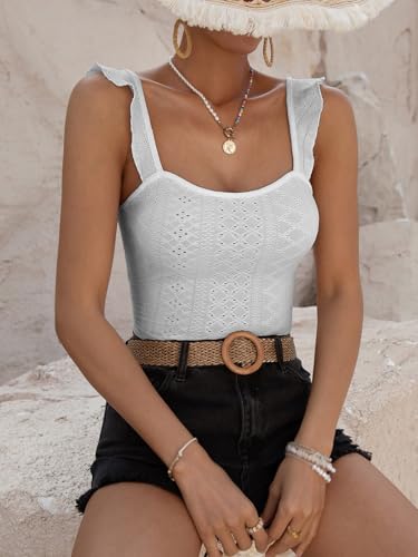 Sugathari Girls & Womens White Eyelet Embroidery Knitted Scoop Neck Casual Slim Fit Women T-Shirt, Sleeveless Schiffli Crop To