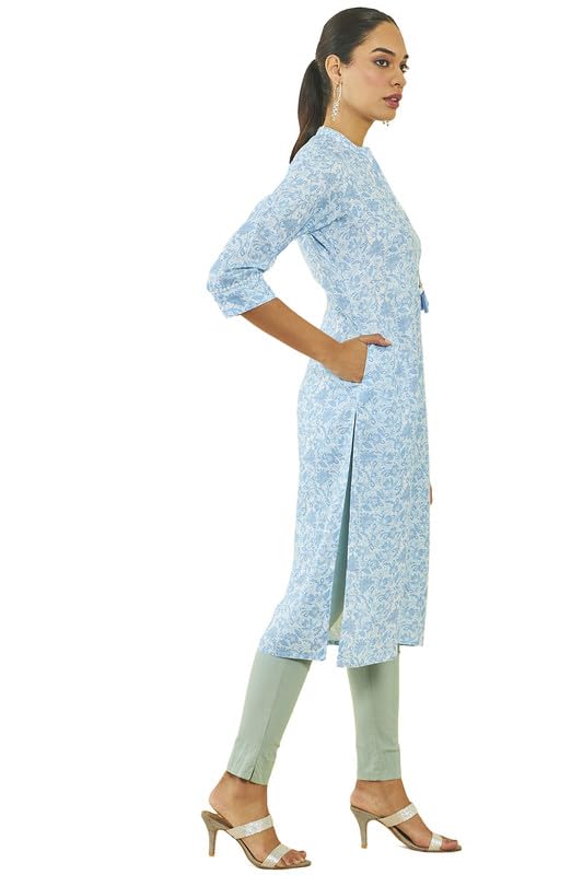Soch Womens Powder Blue Poly Cotton Floral Print Straight Kurta with Tassel Accent