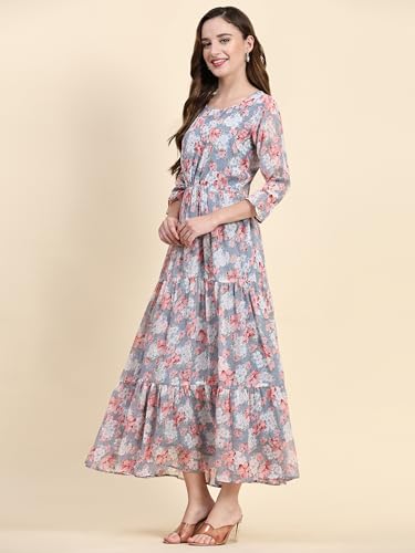 Toochki Grey Georgette Floral Tiered Kurti Kurta Dress for Women a line Suitable in Summer Latest Trendy Stylish Kurtas