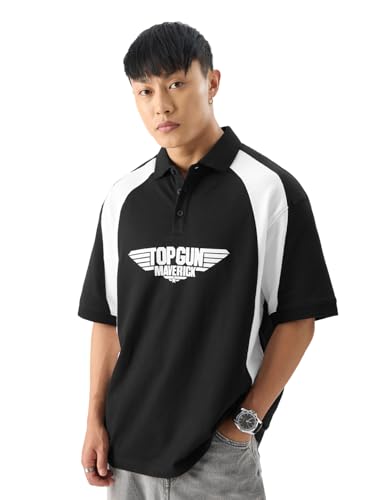 The Souled Store Official Top Gun: Maverick Men And Boys Short Sleeve Black Graphic Print Oversized Fit Polos Oversized Polo T-S