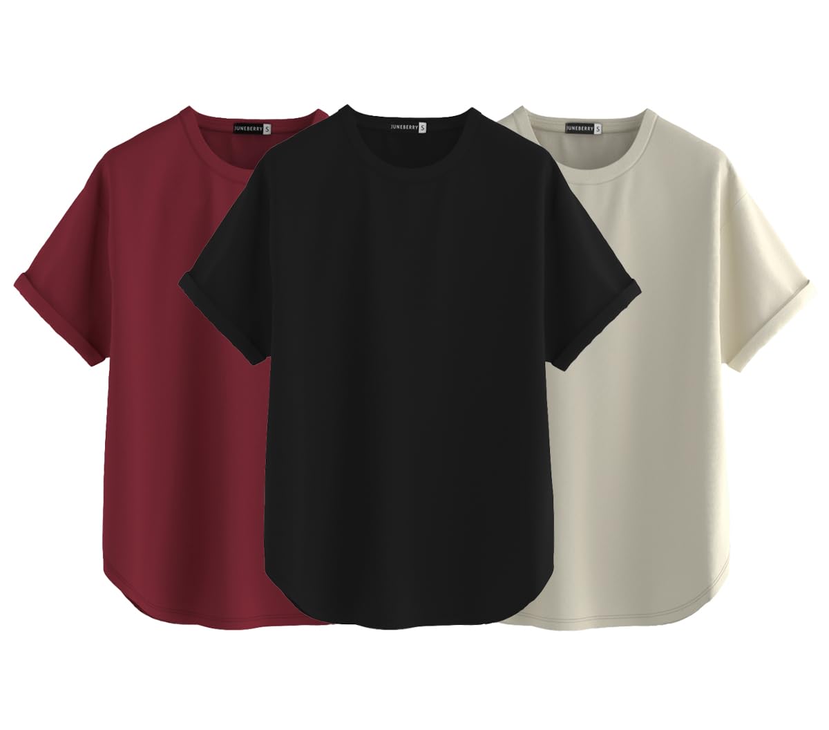 Juneberry Pure 100% Cotton Oversized Loose Baggy Fit Round Neck With Drop Shoulder Black & Maroon & Swanwhite Half Sleeves Boyfr
