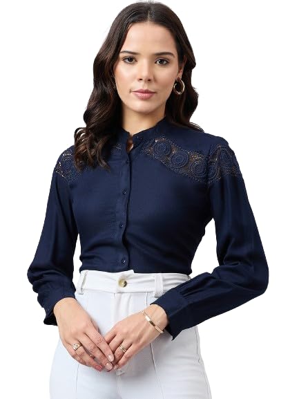 Style Quotient Women Solid Full Sleeve Shirt with Lace Incert Details.
