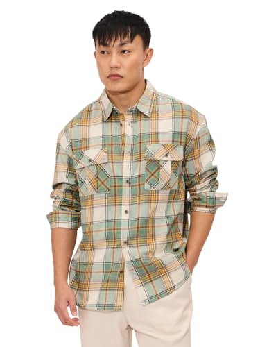 The Souled Store Plaid: Green, Beige Men And Boys Long Sleeves Collared Neck Button Front Regular Fit Cotton Utility Shirts
