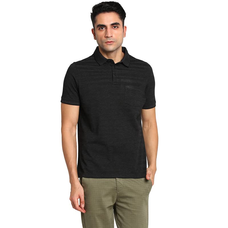 Turtle Men Charcoal Self Design Polo Neck T-Shirts
