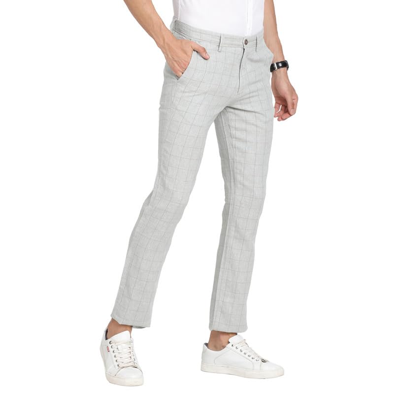 Turtle Men Cotton Linen Grey Checkered Ultra Slim Fit Flat Front Casual Trouser