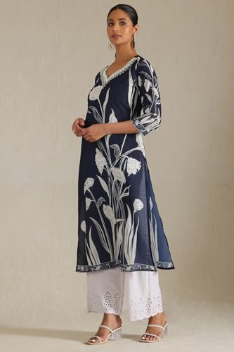 Soch Womens Navy Blue Muslin Botanical Print Kurta with Thread Work