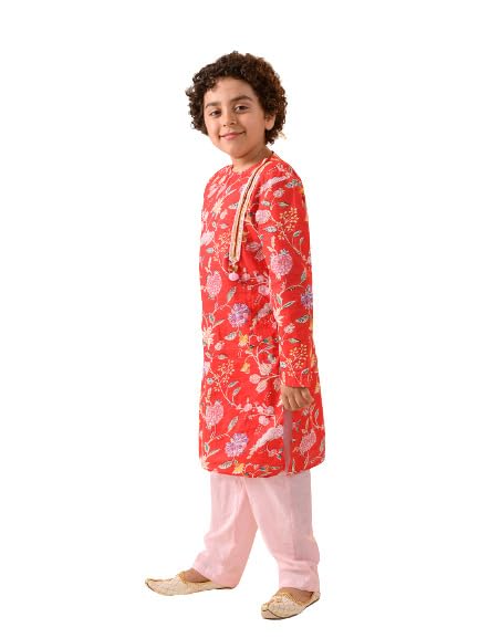 Pspeaches Boys Floral Printed Gotta Patti Pure Cotton Kurta With Pyjamas