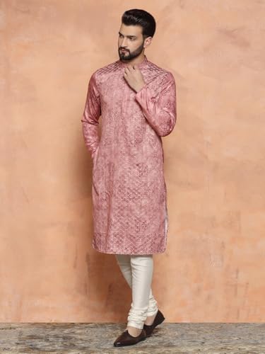 Kisah Men Pink Kurta, Cotton, Full Sleaves, Knee Length, Straight, Regular Fit, Mandarin Collar Ethnic Wear