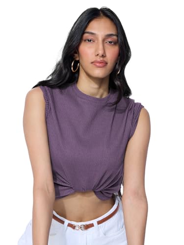 The Souled Store Ribbed T-Shirt: Berry Women and Girls Short Sleeves Round Neck Polyester Blend Regular Fit T-Shirts