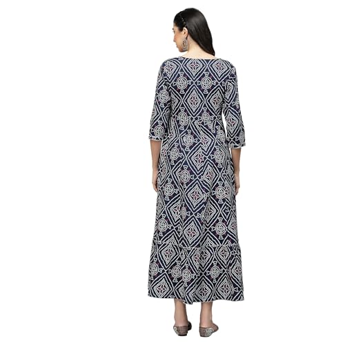 Stylum Women's Bandhej Printed Rayon Tiered Kurta (Navy Blue)