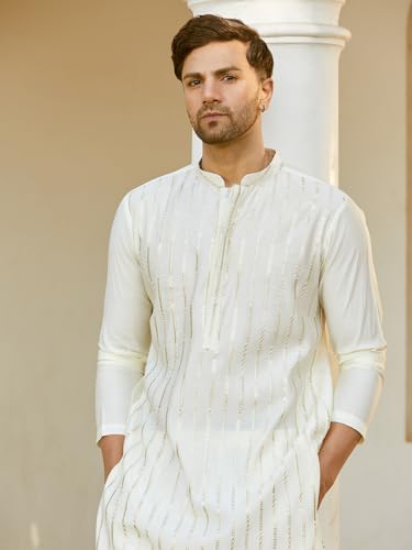 See Designs Men Full Sleeve Off White And Gold Chanderi Silk Sequins Mandarin Collar Side Slit Kurta With Pyjama - Sd2Kt_242206X