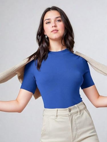 KOTTY Womens Slim Fit Half Sleeve Ribbed T-Shirt(Blue_XL)
