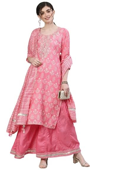 ishin Women's Silk Pink Embellished Straight Kurta set With Sharara And Dupatta