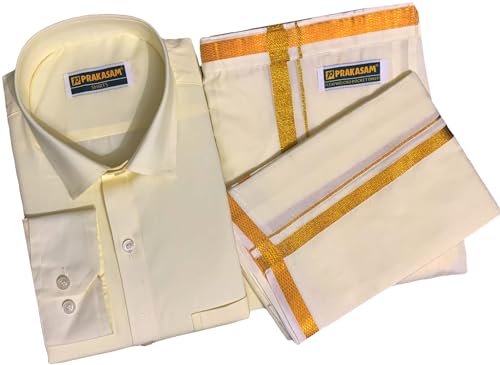 PRAKASAM COTTON mens Cotton wedding Set- Pure cotton Full sleeve Cream Shirt + A pure Cotton Flexi size Stitched Pocket Dhotie +