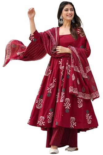 Anni Designer WomenS Rayon Viscose Anarkali Printed Kurta With Pant & Dupatta (Giyana Maroon_4Xl_Maroon_Xxxx-Large)