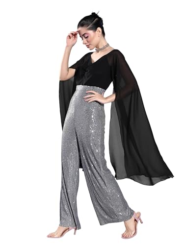 Miss Chase WomenS Sweetheart Neck Full Sleeve Regular-Length Polyester Jumpsuit (Mcaw22D15-53-242-05, Black & Silver, L)