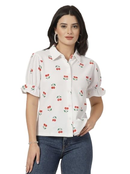 Style Quotient Women Texture White and Red Cherry Print Polyknit Shirt