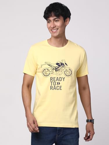 ADRO Men's Biker Design Printed 100% Cotton T-Shirt - Regular Fit, Printed T-Shirts for Men (RN24-KTM-LY_Light Yellow)
