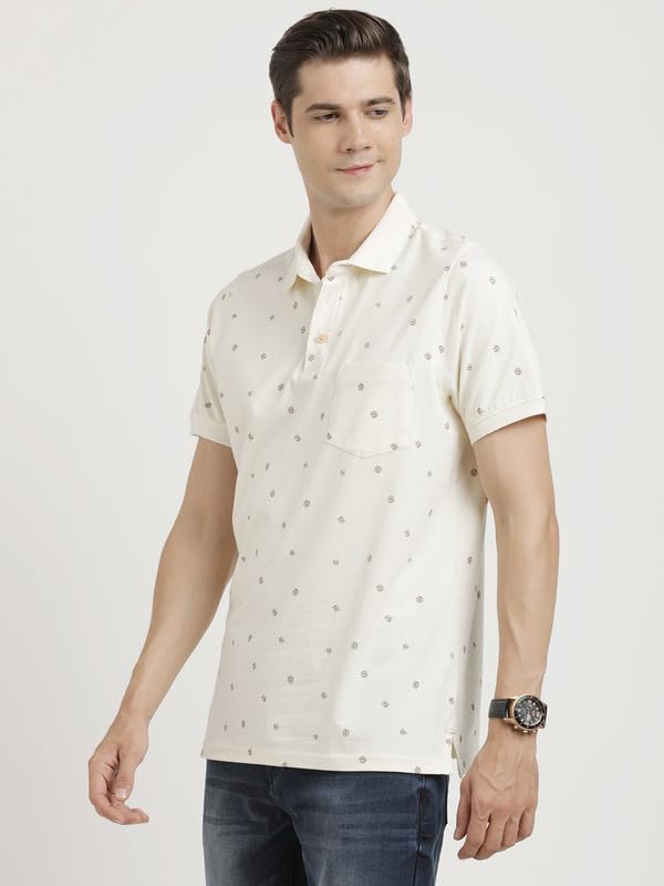 Turtle Men Knitted Cream Half Sleeve Casual Printed Polo Tshirt