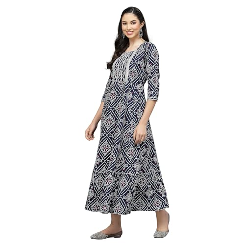 Stylum Women's Bandhej Printed Rayon Tiered Kurta (Navy Blue)
