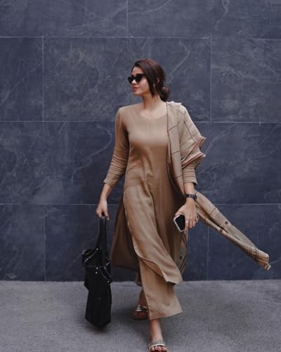 ANNI DESIGNER Women's Rayon Blend Straight Solid Kurta with Pant & Dupatta (Raja Saab Beige_S_Beige_Small)