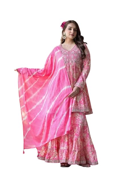 Varanga Women Pink Floral Printed Mirror Work Anarkali Kurta With Sharara And Dupatta