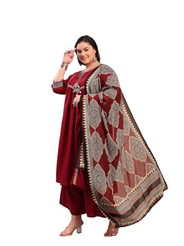 Stylum Womens Plus Size Maroon Solid Cotton Kurta Pant Dupatta Set