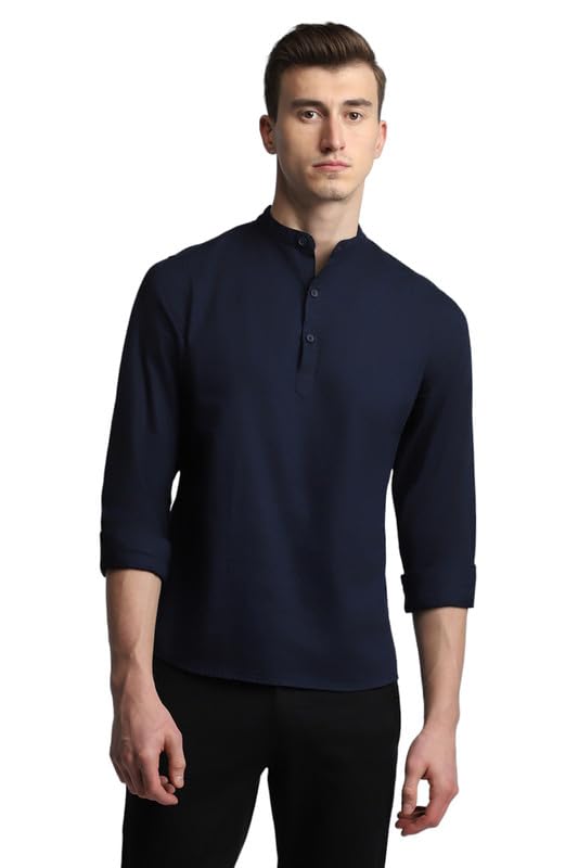 Dennis Lingo MenS Solid Slim Fit Mandarin Collar Full Sleeves Shirt Navy