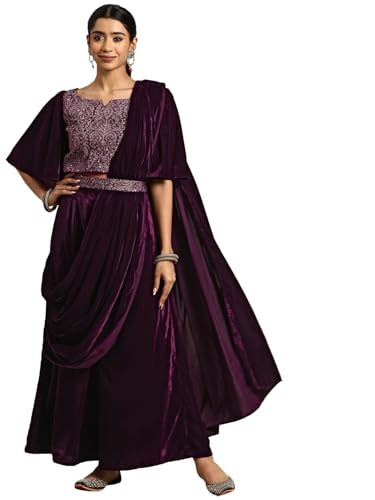 Libas WomenS Velvet Saree (34768_Wine)