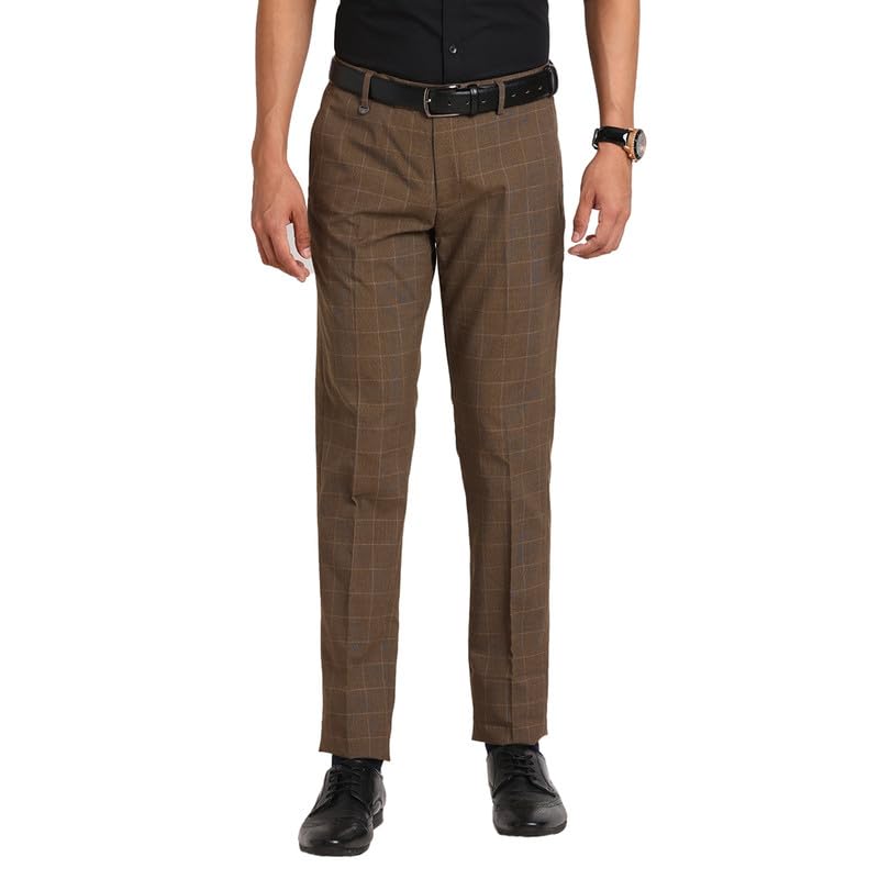 Turtle Men Poly Viscose Brown Checkered Ultra Slim Fit Flat Front Formal Trouser