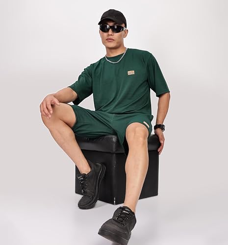 Shodox MenS Round Neck Solid Relaxed Fit Tshirt And Short Co-Ords Set For Mens (Pack Of 1) Bottle Green