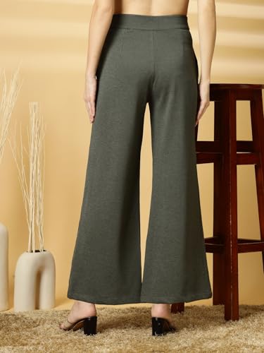 OOMPH! High Waist Trousers for Women Flared Korean Style Formal Pants | Elegant Workwear for Office, College & Events Olive Gre