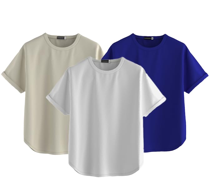 Juneberry Pure 100% Cotton Oversized Loose Baggy Fit Round Neck With Drop Shoulder White & Swanwhite & Royal Blue Half Sleeves B