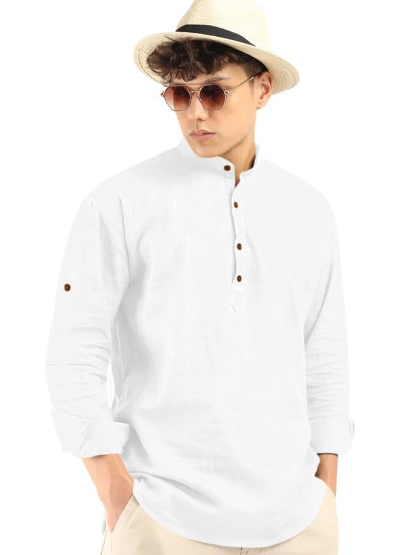 ROYALSCOUT Mens Cotton Polyester Blend Solid Regular Fit Full Sleeve Short Kurta White