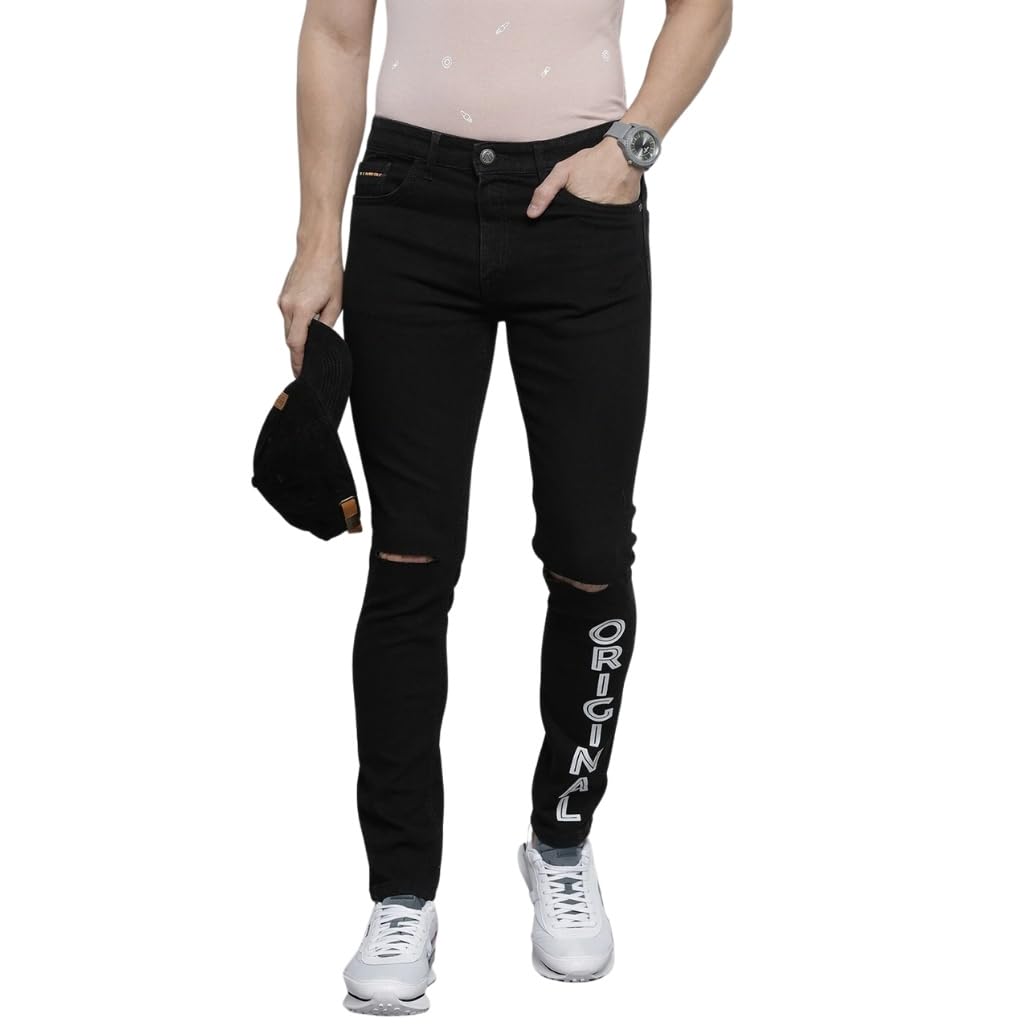 The Indian Garage Co Men Slim Fit Placement Print Mid-Rise Stretchable Jeans Black