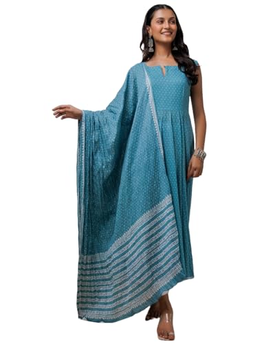 ANNI DESIGNER Womens Rayon Viscose Printed Anarkali Kurta with Pant & Dupatta (Aavya Sky Blue_S_Sky Blue_Small)