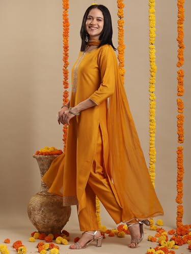 GoSriKi Women's Rayon Blend Kurta with Pants & Dupatta, Medium, Yellow, Model LIKHA YELLOW-GS
