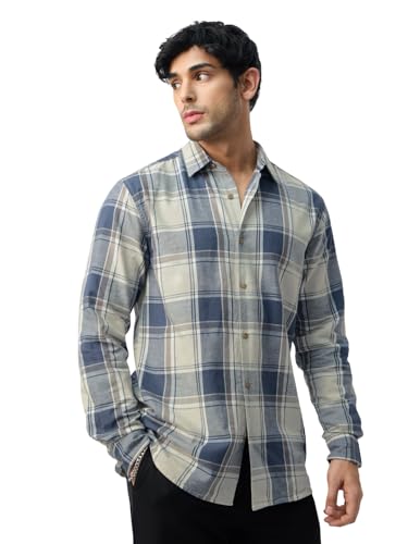 The Souled Store Cotton-Linen Shirts: Blue Topaz Men and Boys Long Sleeve Collared Neck Button Front Blue Plaid Regular Fit Cott