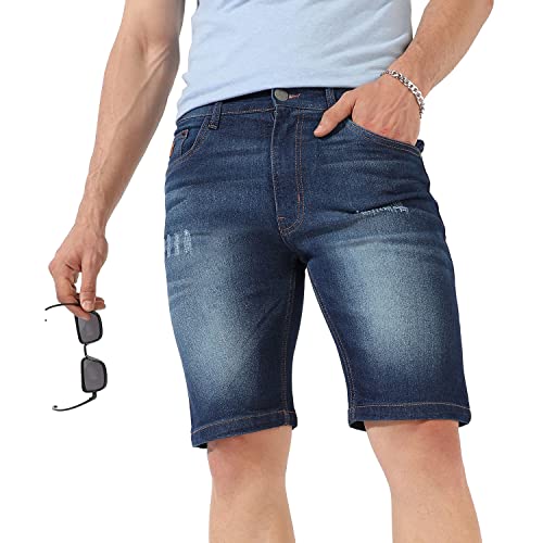 Campus Sutra MenS Classic Dark Blue Dark-Washed Distressed Patterned Denim Shorts, Regular Fit, Premium Stretchable Cotton Mid-
