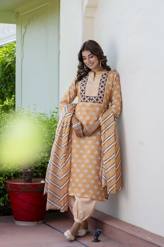 LookMark Women Printed Cotton Blend Straight Kurta Afghani Pant Dupatta Set - Ethnic Elegance Embodied | Perfect Fusion of Tradition and Style