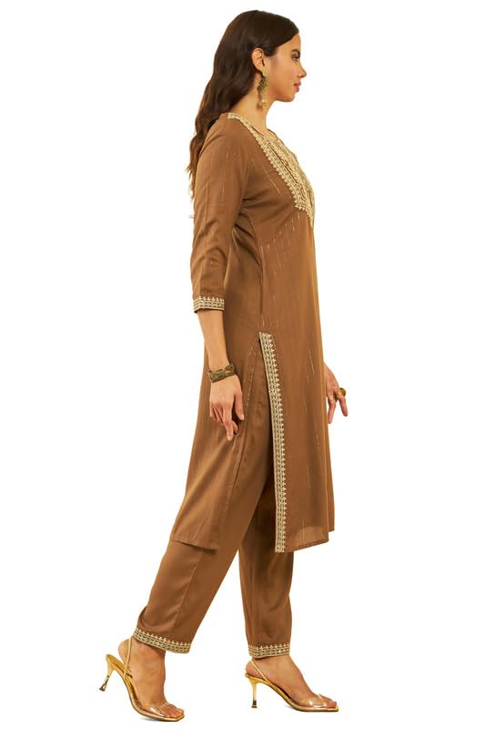 Soch Womens Brown Rayon Embroidered Straight Kurta Set with Sequin Embellishments